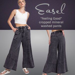 EASEL "Feeling Good" 100% Cotton Mineral Washed Cropped Pants Pockets Flared Leg